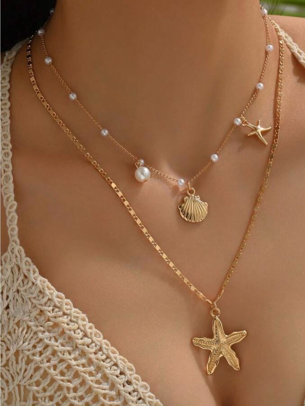 Gold Starfish & Pearl Layered Necklace Set – 2 Separate Necklaces